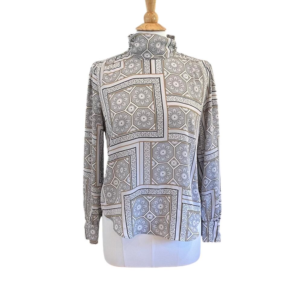 Ann Taylor Mock Neck Allover Print, Gold, Silver Blouse, Career, Office Chic, S